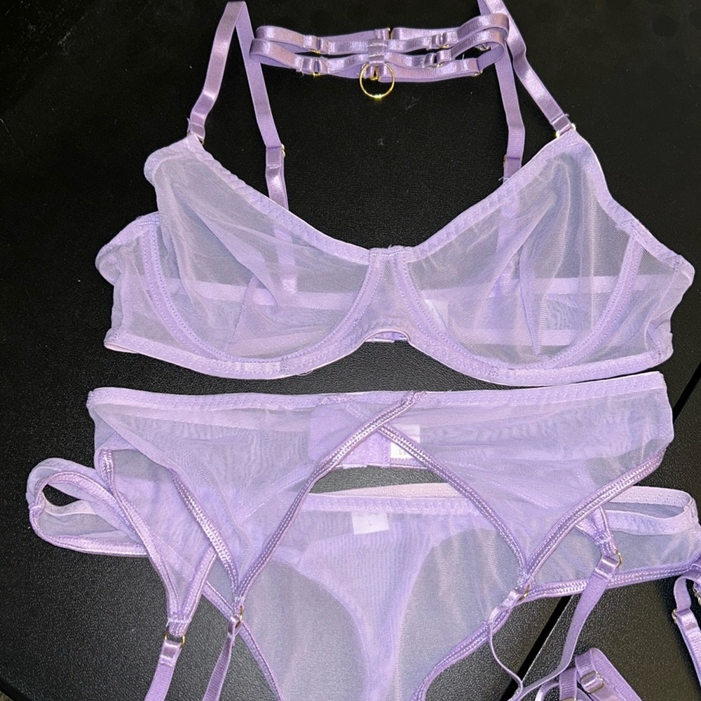 Lilac Mesh Sheer Lingerie Set with Choker Detail - Picture 2 of 5